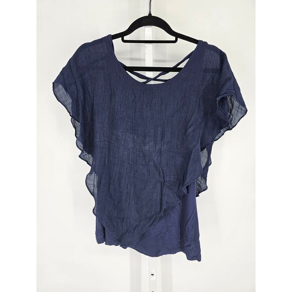 BCX Womens Sz XL Short SLeeve Blouse Navy Blue Flutter Sleeve Strappy Back - Picture 1 of 4